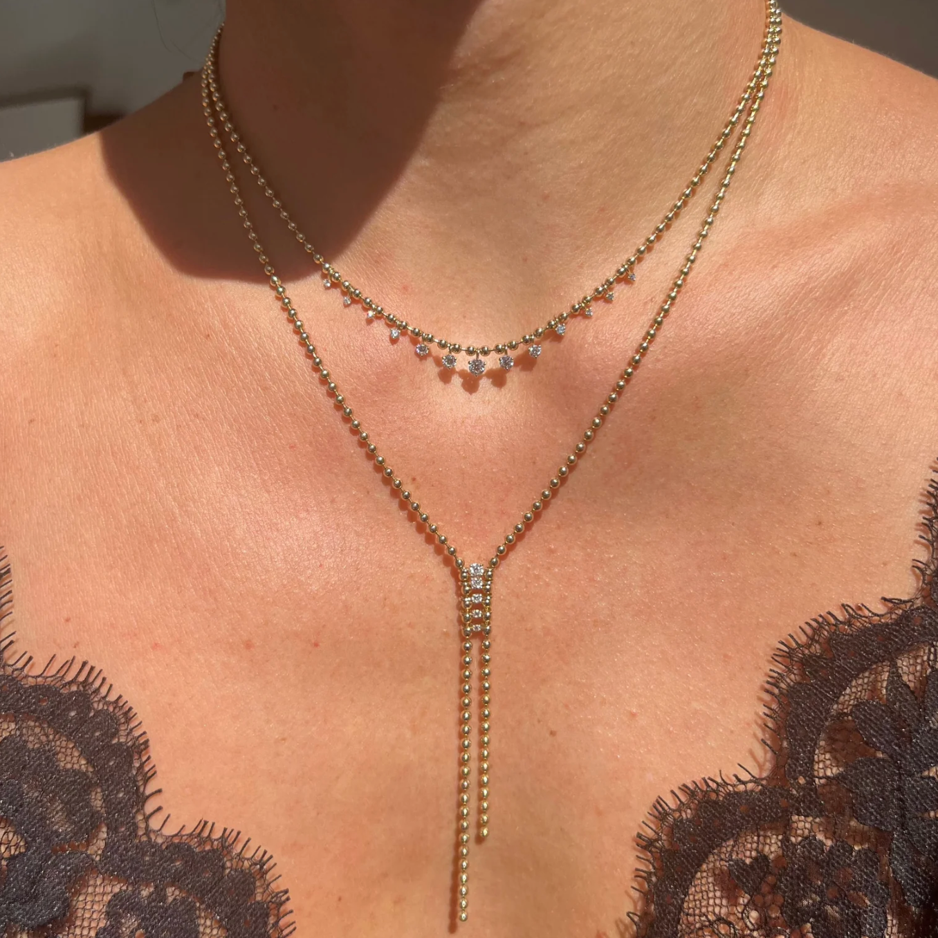 Dangling Diamond Solid Bead Necklace